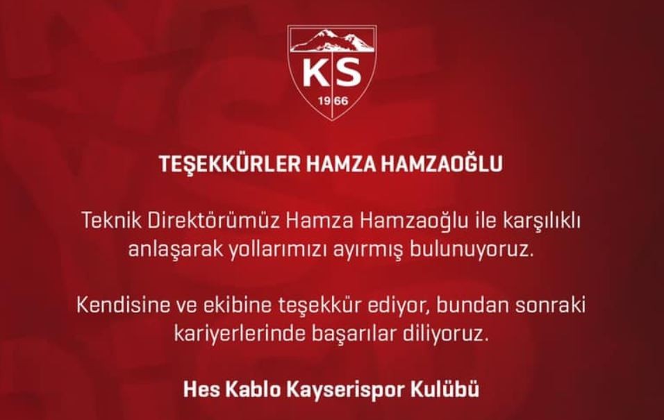 Kayserispor Hamza Hamzaoğlu'nun İstifasını Resmen Duyurdu.