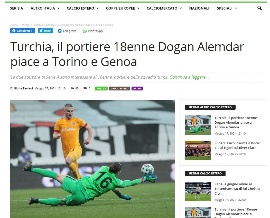 Doğan Alemdar İtalyan Torino FC ve Genoa FC 'nin Gündeminde.